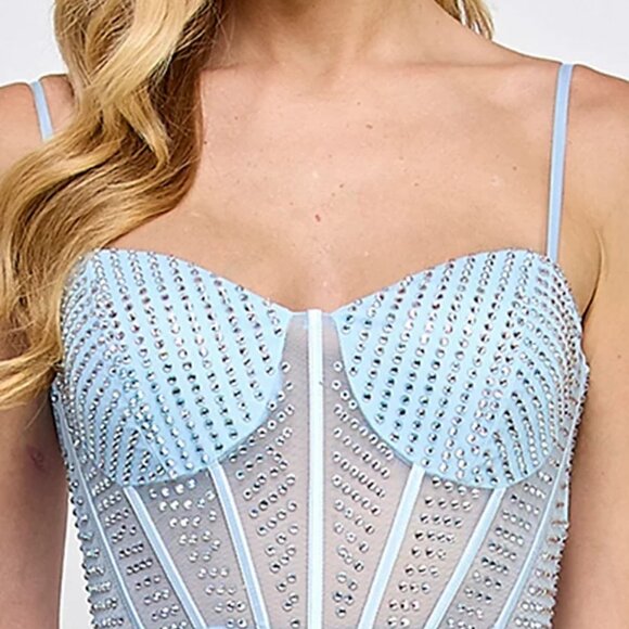 Say Yes Juniors' Rhinestone-Embellished Bustier Ball Gown Powder Blue Size 3/4 - Picture 4 of 5